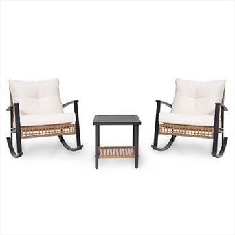 Decksplore 3 pc Rocking Bistro Set Outdoor Patio Furniture with Cushions and 2 tier Coffee Table