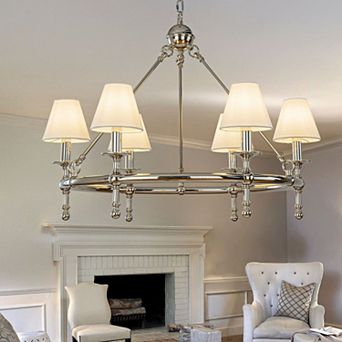 Vintage Nickel Chandelier 6-Light Classic Pendant Fixture Elegant Interior Lighting With White Shade