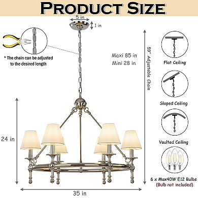 Vintage Nickel Chandelier 6-Light Classic Pendant Fixture Elegant Interior Lighting With White Shade