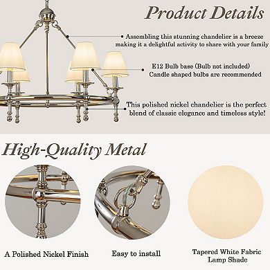 Vintage Nickel Chandelier 6-Light Classic Pendant Fixture Elegant Interior Lighting With White Shade