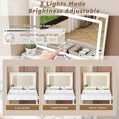 Lufeiya Vanity Desk with Large Mirror, Adjustable LED Lighting, Power Outlet, Hair Dryer Holder