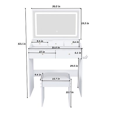 Lufeiya Vanity Desk with Large Mirror, Adjustable LED Lighting, Power Outlet, Hair Dryer Holder