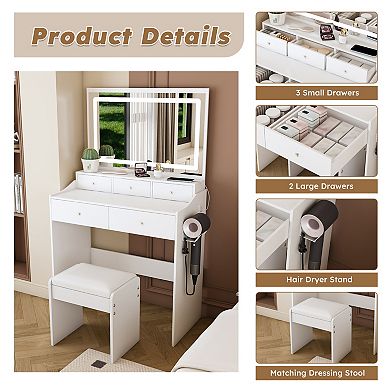 Lufeiya Vanity Desk with Large Mirror, Adjustable LED Lighting, Power Outlet, Hair Dryer Holder