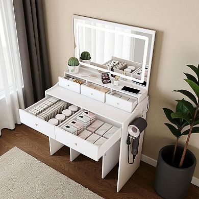 Lufeiya Vanity Desk with Large Mirror, Adjustable LED Lighting, Power Outlet, Hair Dryer Holder