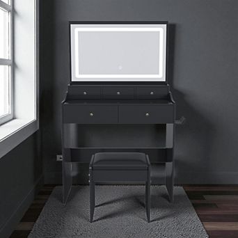 Lufeiya Vanity Desk with Large Mirror, Adjustable LED Lighting, Power Outlet, Hair Dryer Holder