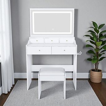 Lufeiya Vanity Desk with Large Mirror, Adjustable LED Lighting, Power Outlet, Hair Dryer Holder