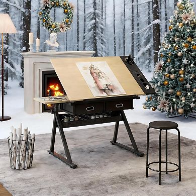 Lufeiya Adjustable Drafting Table with Tilting Desktop and Storage Drawers, writing Desk