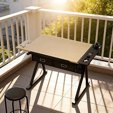 Lufeiya Adjustable Drafting Table with Tilting Desktop and Storage Drawers, writing Desk