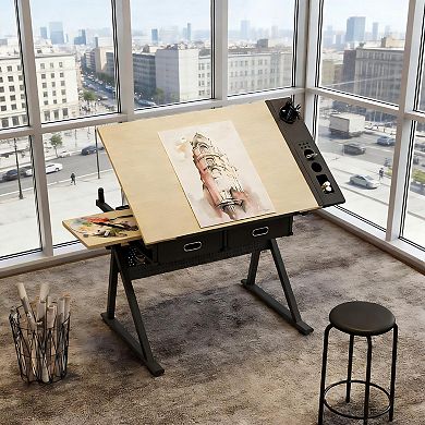 Lufeiya Adjustable Drafting Table with Tilting Desktop and Storage Drawers, writing Desk
