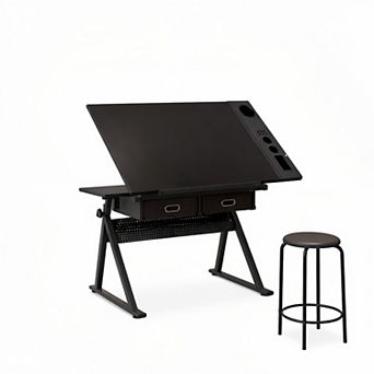 Lufeiya Adjustable Drafting Table with Tilting Desktop and Storage Drawers, writing Desk