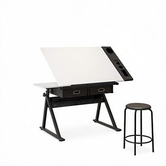 Lufeiya Adjustable Drafting Table with Tilting Desktop and Storage Drawers, writing Desk