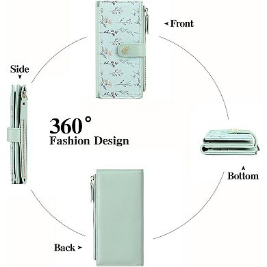 Women’s Minimalist RFID Blocking Large Capacity Wallet, Trifold PU Leather Floral