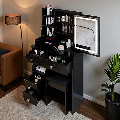 Lufeiya Small Vanity Table with Sliding Mirror & Stool, Makeup Desk with Drawers and Storage Shelves