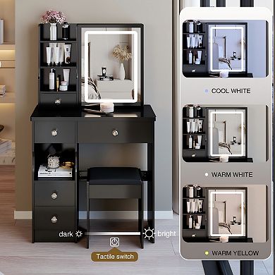 Lufeiya Small Vanity Table with Sliding Mirror & Stool, Makeup Desk with Drawers and Storage Shelves