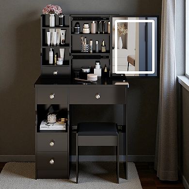 Lufeiya Small Vanity Table with Sliding Mirror & Stool, Makeup Desk with Drawers and Storage Shelves