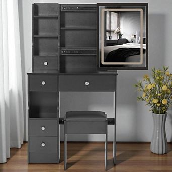 Lufeiya Small Vanity Table with Sliding Mirror & Stool, Makeup Desk with Drawers and Storage Shelves