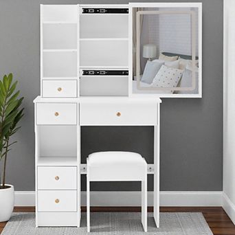 Lufeiya Small Vanity Table with Sliding Mirror & Stool, Makeup Desk with Drawers and Storage Shelves