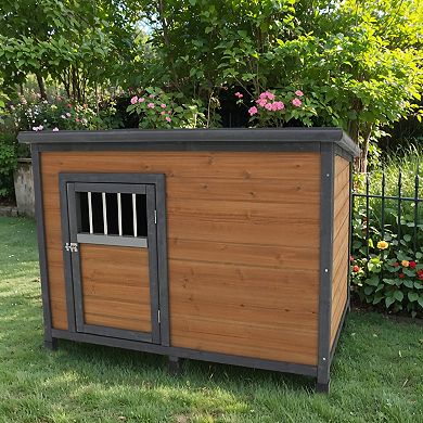 IFMALL Large Solid Wood Outdoor Pet House with Waterproof Roof