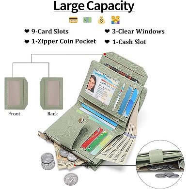Small Wallet for Women Bifold Card Holder with Zipper Pocket Removable ID Window