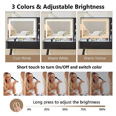 Lufeiya Makeup Vanity Desk with LED Lighted Mirror,Adjustable Side Cabinet,3 Color Dimmable Lighting