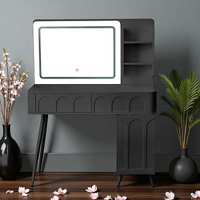 Lufeiya Makeup Vanity Desk with LED Lighted Mirror,Adjustable Side Cabinet,3 Color Dimmable Lighting