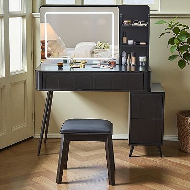 Lufeiya Makeup Vanity Desk with LED Lighted Mirror,Adjustable Side Cabinet,3 Color Dimmable Lighting