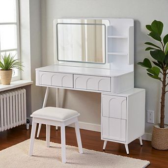 Lufeiya Makeup Vanity Desk with LED Lighted Mirror,Adjustable Side Cabinet,3 Color Dimmable Lighting