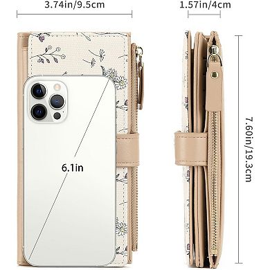 Women’s Minimalist RFID Blocking Large Capacity Wallet, Trifold PU Leather Floral