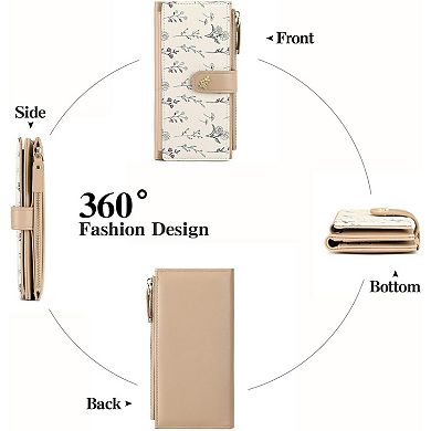 Women’s Minimalist RFID Blocking Large Capacity Wallet, Trifold PU Leather Floral
