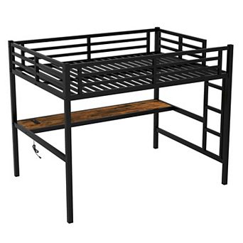 Lufeiya Full Size Metal Loft Bed Frame with Desk, Power Outlet and LED Light, Space-Saving Bed