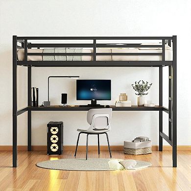 Lufeiya Full Size Metal Loft Bed Frame with Desk, Power Outlet and LED Light, Space-Saving Bed