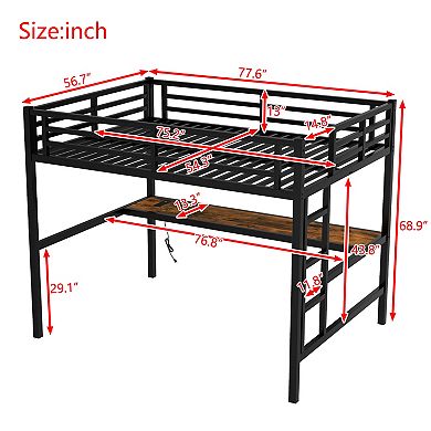 Lufeiya Full Size Metal Loft Bed Frame with Desk, Power Outlet and LED Light, Space-Saving Bed
