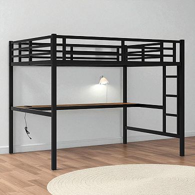 Lufeiya Full Size Metal Loft Bed Frame with Desk, Power Outlet and LED Light, Space-Saving Bed