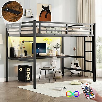 Lufeiya Full Size Metal Loft Bed Frame with Desk, Power Outlet and LED Light, Space-Saving Bed