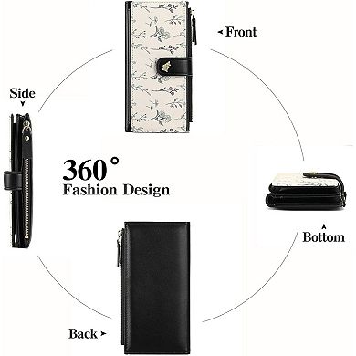 Women’s Minimalist RFID Blocking Large Capacity Wallet, Trifold PU Leather Floral