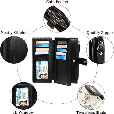 Women’s Minimalist RFID Blocking Large Capacity Wallet, Trifold PU Leather Floral