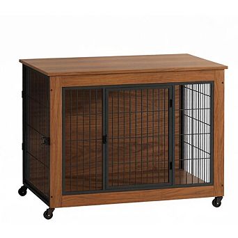 IFMALL Furniture Style Dog Crate with Double Doors and Wheels for Pet Safety