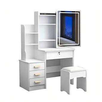 Lufeiya Vanity Desk with Lighted Mirror and Chair, Makeup Table with Adjustable LED, Storage Drawer