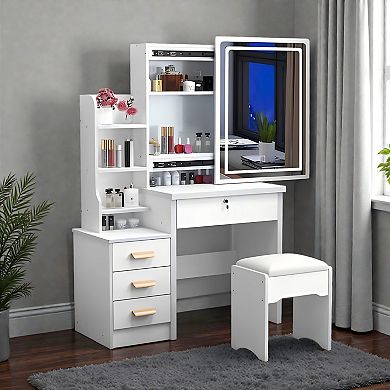 Lufeiya Vanity Desk with Lighted Mirror and Chair, Makeup Table with Adjustable LED, Storage Drawer