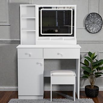 Lufeiya Vanity Desk with LED Lighted Mirror, Makeup Dressing Table with Adjustable 3 Color Lighting