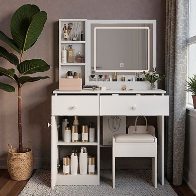 Lufeiya Vanity Desk with LED Lighted Mirror, Makeup Dressing Table with Adjustable 3 Color Lighting