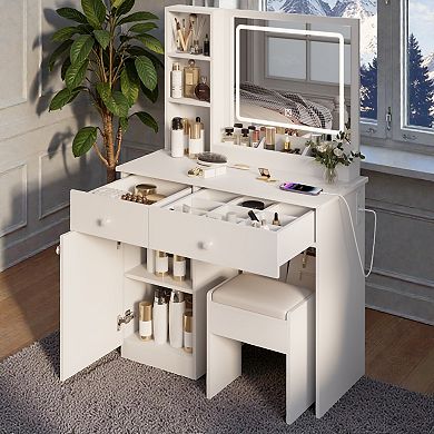 Lufeiya Vanity Desk with LED Lighted Mirror, Makeup Dressing Table with Adjustable 3 Color Lighting