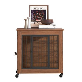 IFMALL Furniture Style Double Door Pet Crate End Table with Locking Wheels