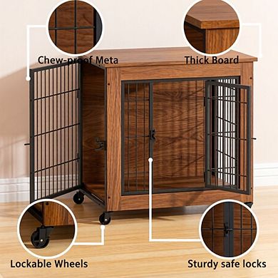 IFMALL Furniture Style Double Door Pet Crate End Table with Locking Wheels
