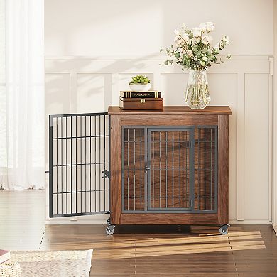 IFMALL Furniture Style Double Door Pet Crate End Table with Locking Wheels