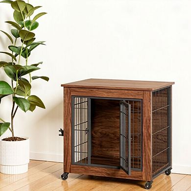 IFMALL Furniture Style Double Door Pet Crate End Table with Locking Wheels