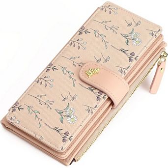 Women’s Minimalist RFID Blocking Large Capacity Wallet, Trifold PU Leather Floral