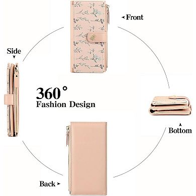 Women’s Minimalist RFID Blocking Large Capacity Wallet, Trifold PU Leather Floral