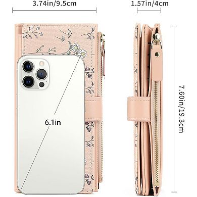 Women’s Minimalist RFID Blocking Large Capacity Wallet, Trifold PU Leather Floral