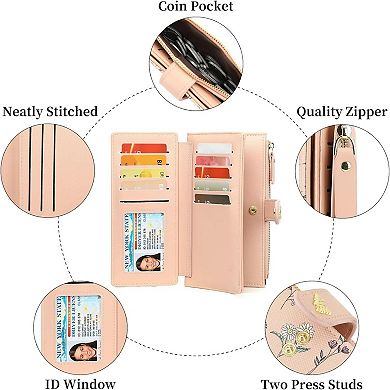 Women’s Minimalist RFID Blocking Large Capacity Wallet, Trifold PU Leather Floral